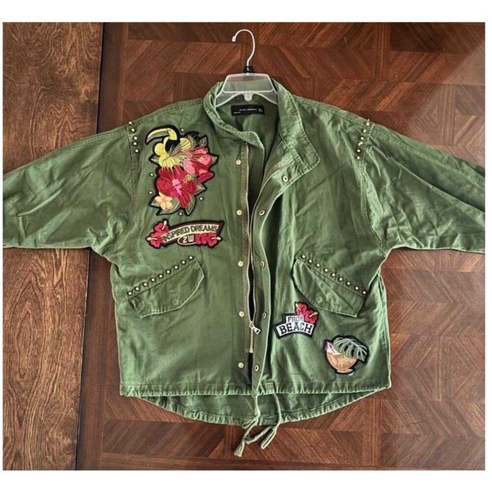 Zara Woman Green Embroidered Utility Jacket Tropical Patch Studded Oversized M - Picture 7 of 16